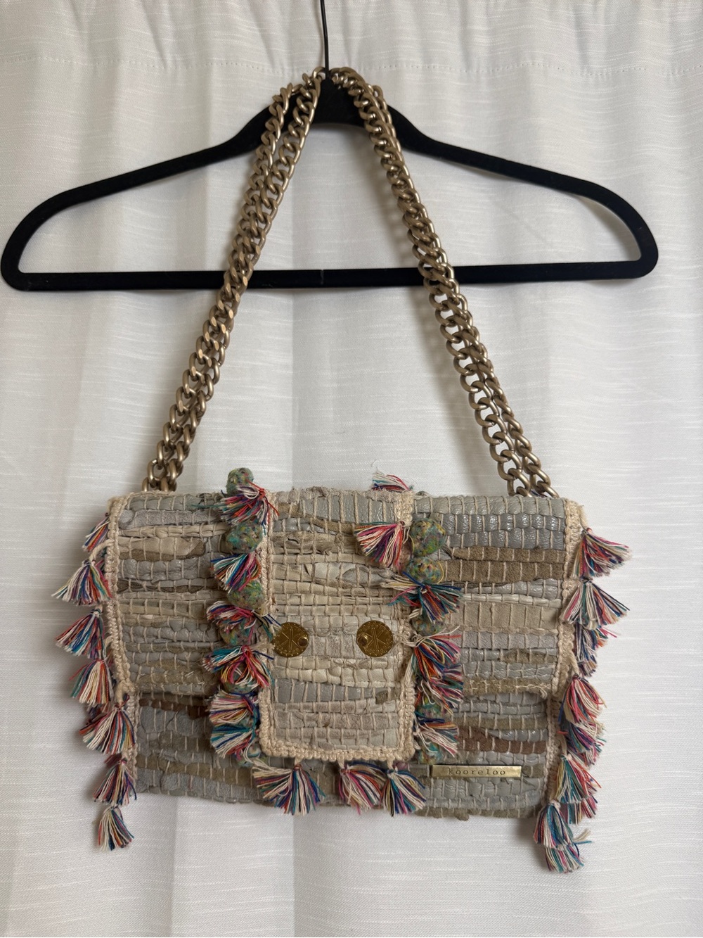 Kooreloo Woven Tassel Crossbody Bag Gray Multi Fringe Chain Designer Handbag - Picture 4 of 17
